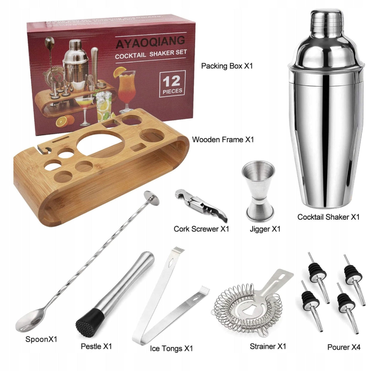 Zestaw Barmański Z Podstawką Bambus Stal 12 El