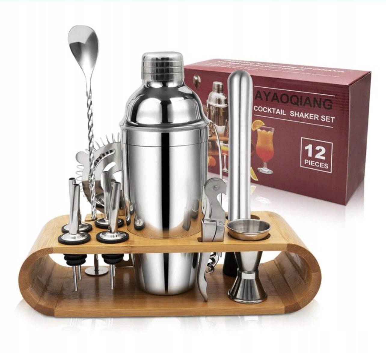 Zestaw Barmański Z Podstawką Bambus Stal 12 El