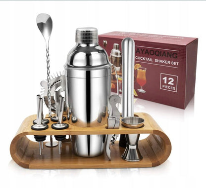 Zestaw Barmański Z Podstawką Bambus Stal 12 El