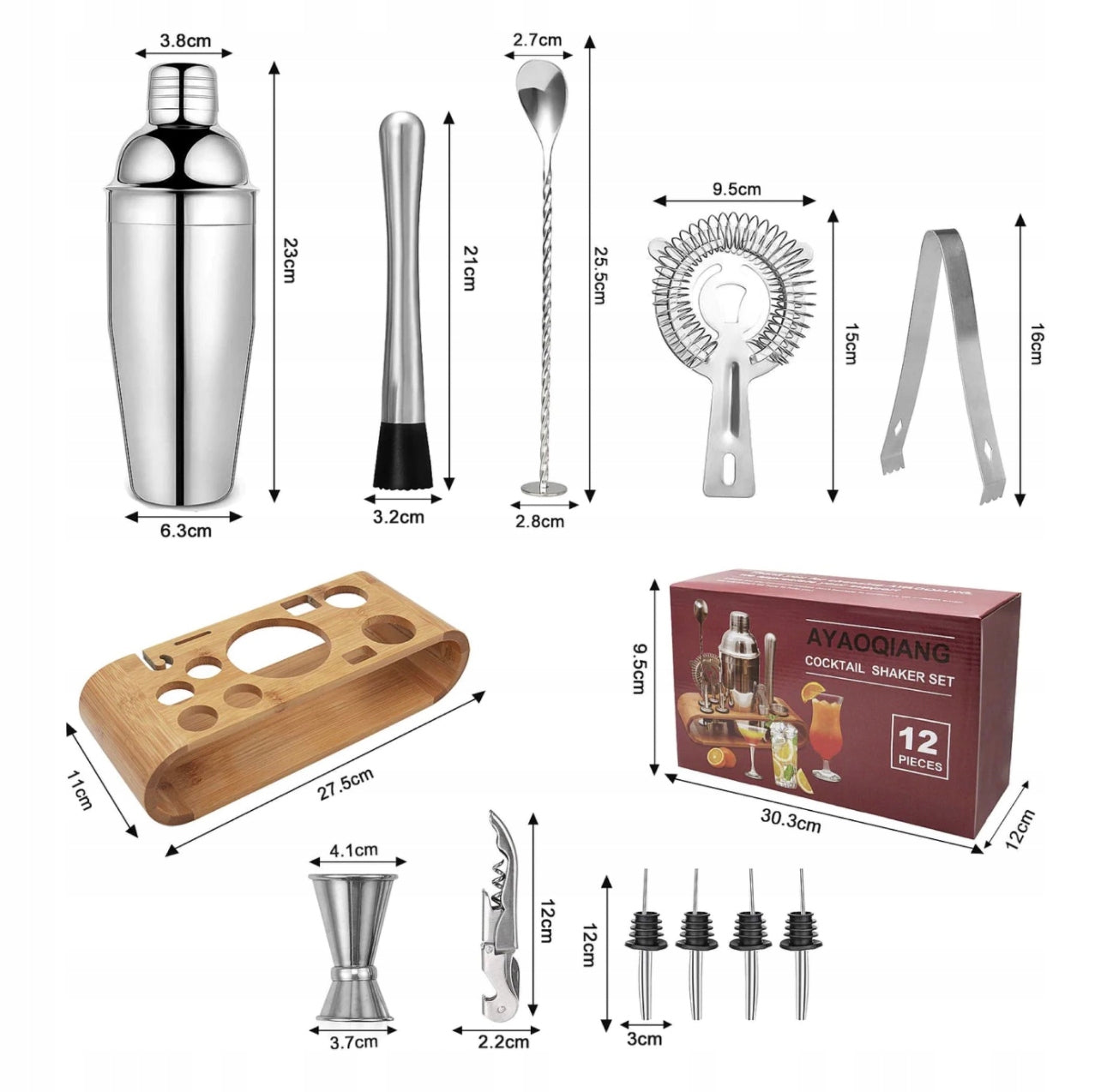 Zestaw Barmański Z Podstawką Bambus Stal 12 El